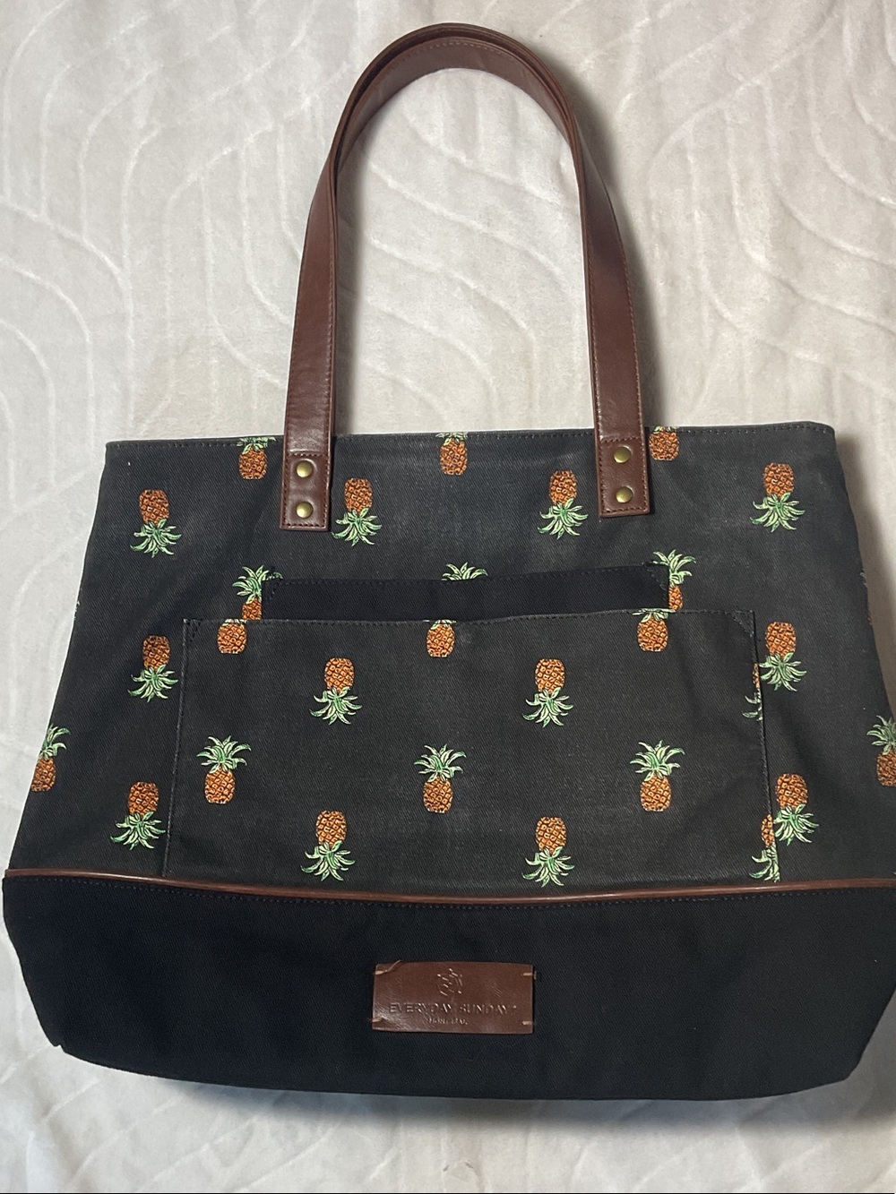 Black Pineapple Print Canvas Tote with Brown Handles